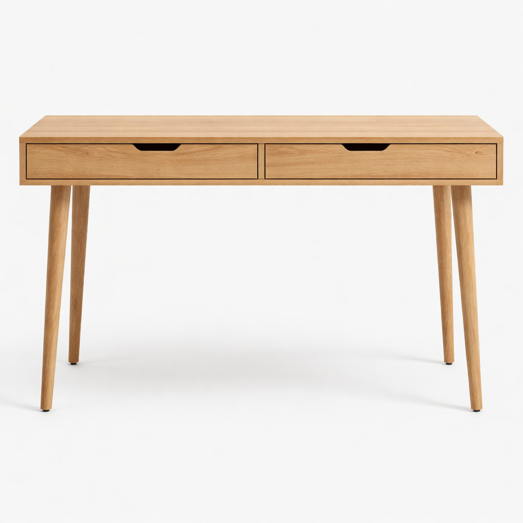 Bureau en chêne massif 120 cm avec 2 tiroirs et pieds fuselés