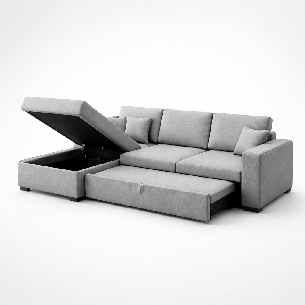Canapé d'angle convertible 4 places gris avec coffre de rangement