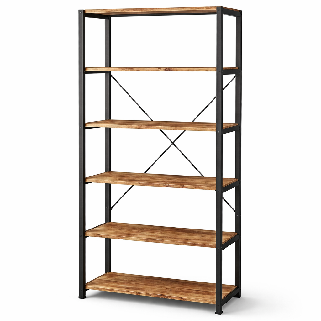 Étagère murale industrielle 5 niveaux bois massif et métal noir