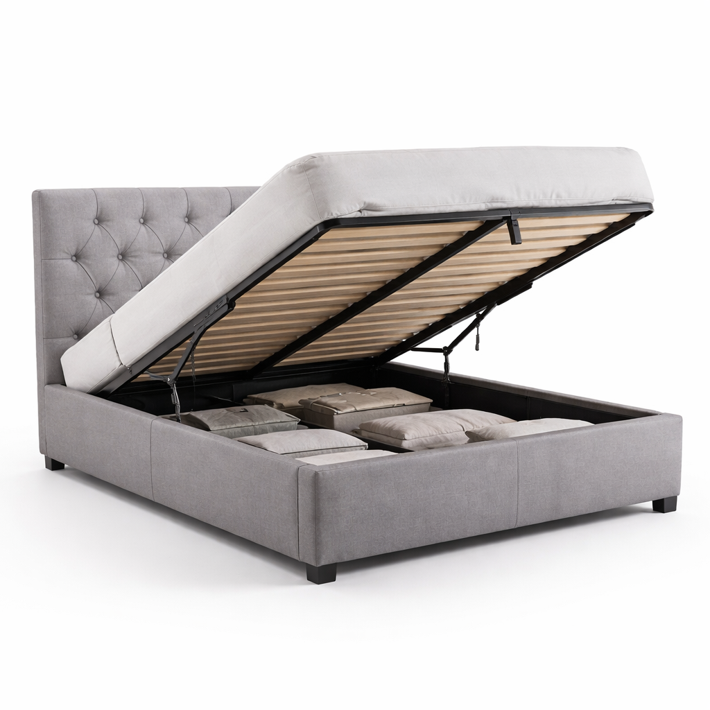 Lit coffre 160x200 cm tissu gris avec sommier à lattes et rangement