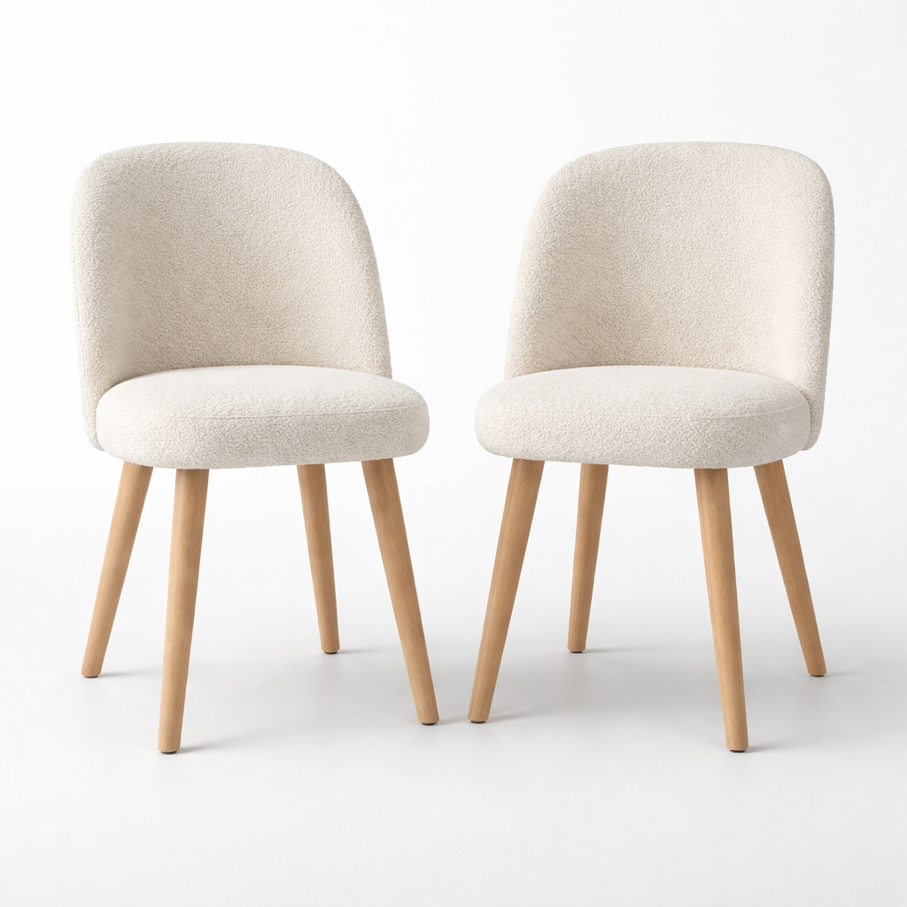 Lot de 2 chaises scandinaves en tissu bouclette écru pieds bois