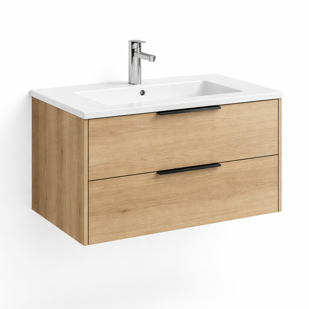 Meuble vasque suspendu Salgar Noja 80 cm chêne naturel avec vasque céramique