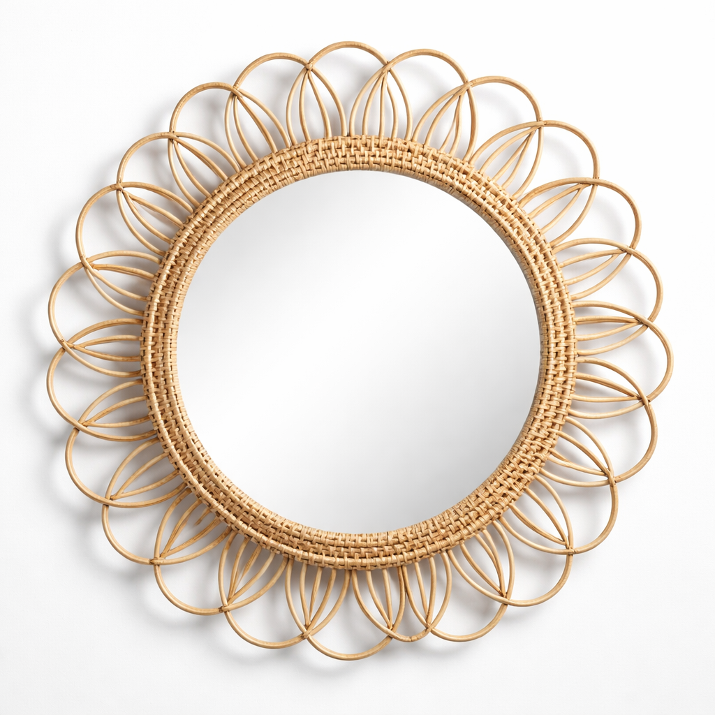 Miroir rond mural en rotin naturel tressé diamètre 60 cm