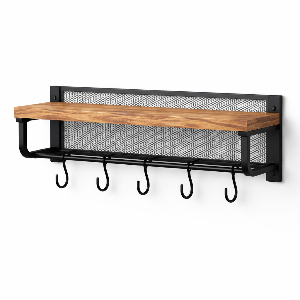 Porte-manteau mural industriel bois et métal avec 5 crochets