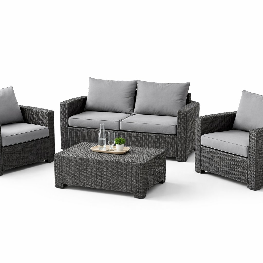 Salon de jardin 4 places Allibert California en résine tressée graphite avec coussins