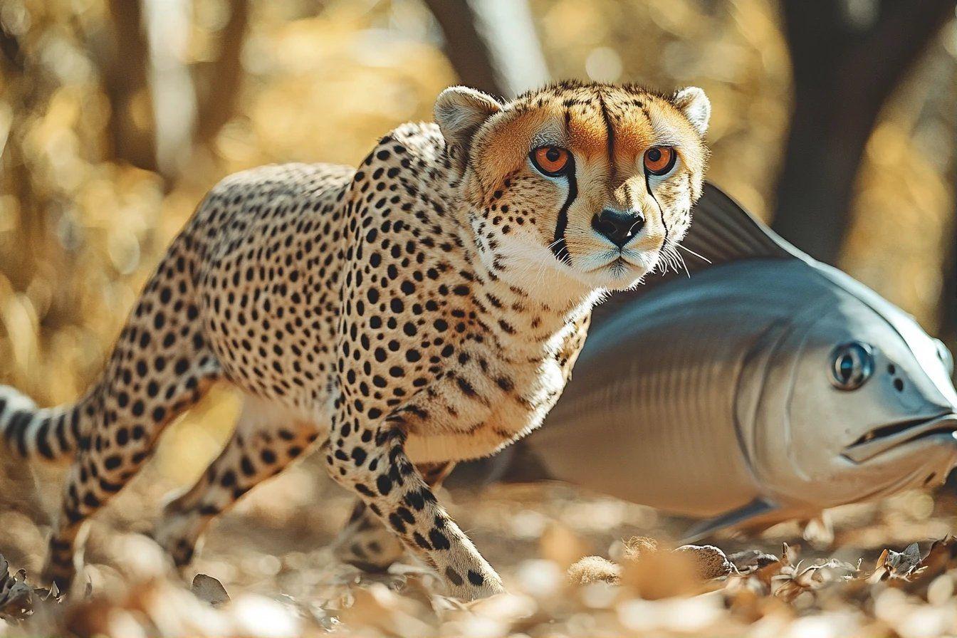 Gu&eacute;pard tachet&eacute; pr&egrave;s d'un poisson argent&eacute; sur des feuilles