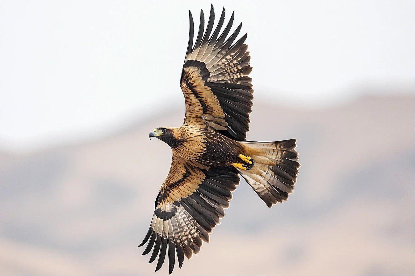 Oiseau de proie aux ailes d&eacute;ploy&eacute;es survolant un paysage