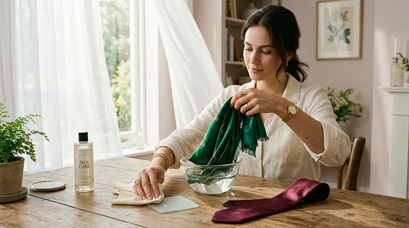 Femme nettoyant un foulard vert avec produit soie
