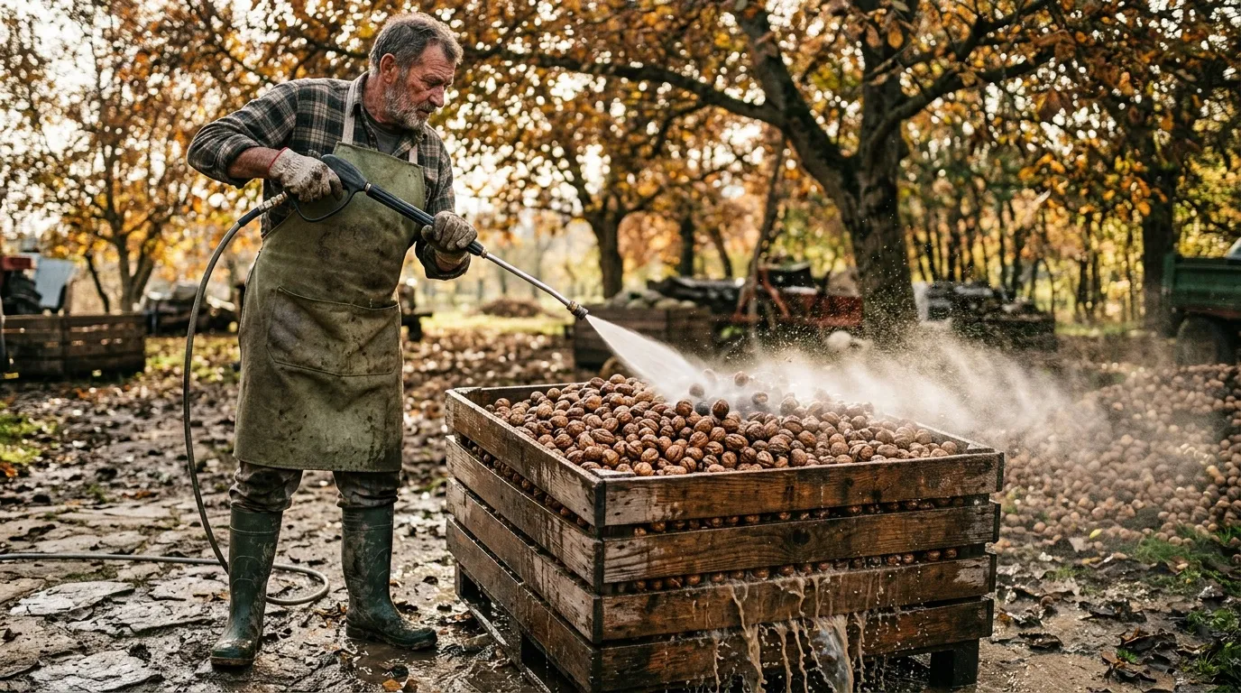 Homme nettoie noix avec tuyau eau automne