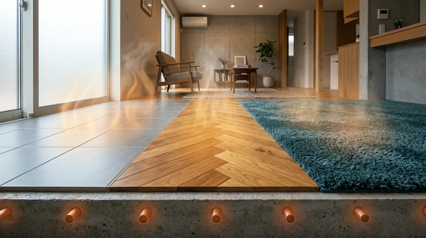 Salon spacieux avec parquet, carrelage, tapis et grandes fenêtres