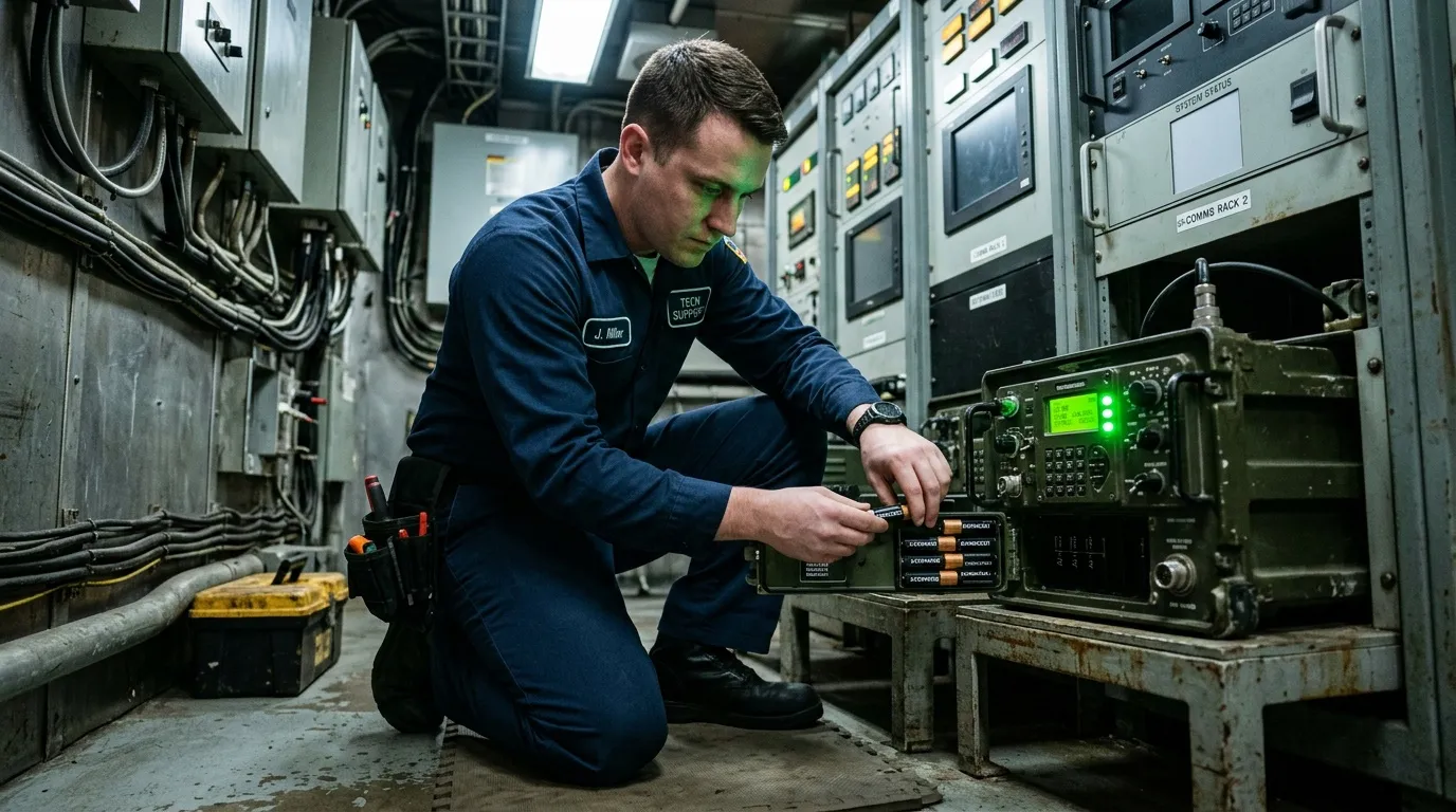 Technicien en uniforme bleu travaille sur équipement électronique