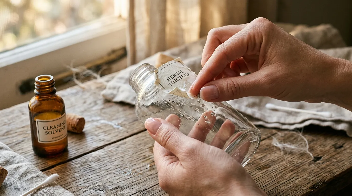 Mains versant liquide dans bocal étiqueté herbal tincture