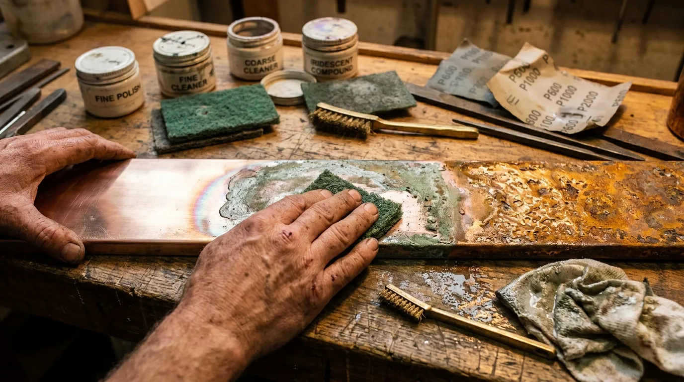 Artisan polissant une surface m&eacute;tallique avec &eacute;ponge abrasive