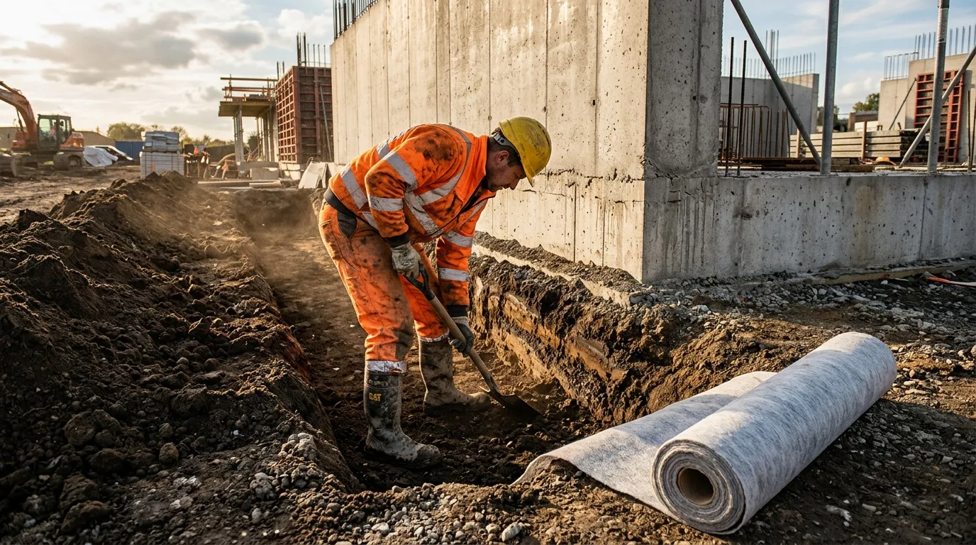 Ouvrier en orange creusant tranch&eacute;e sur chantier de b&acirc;timent