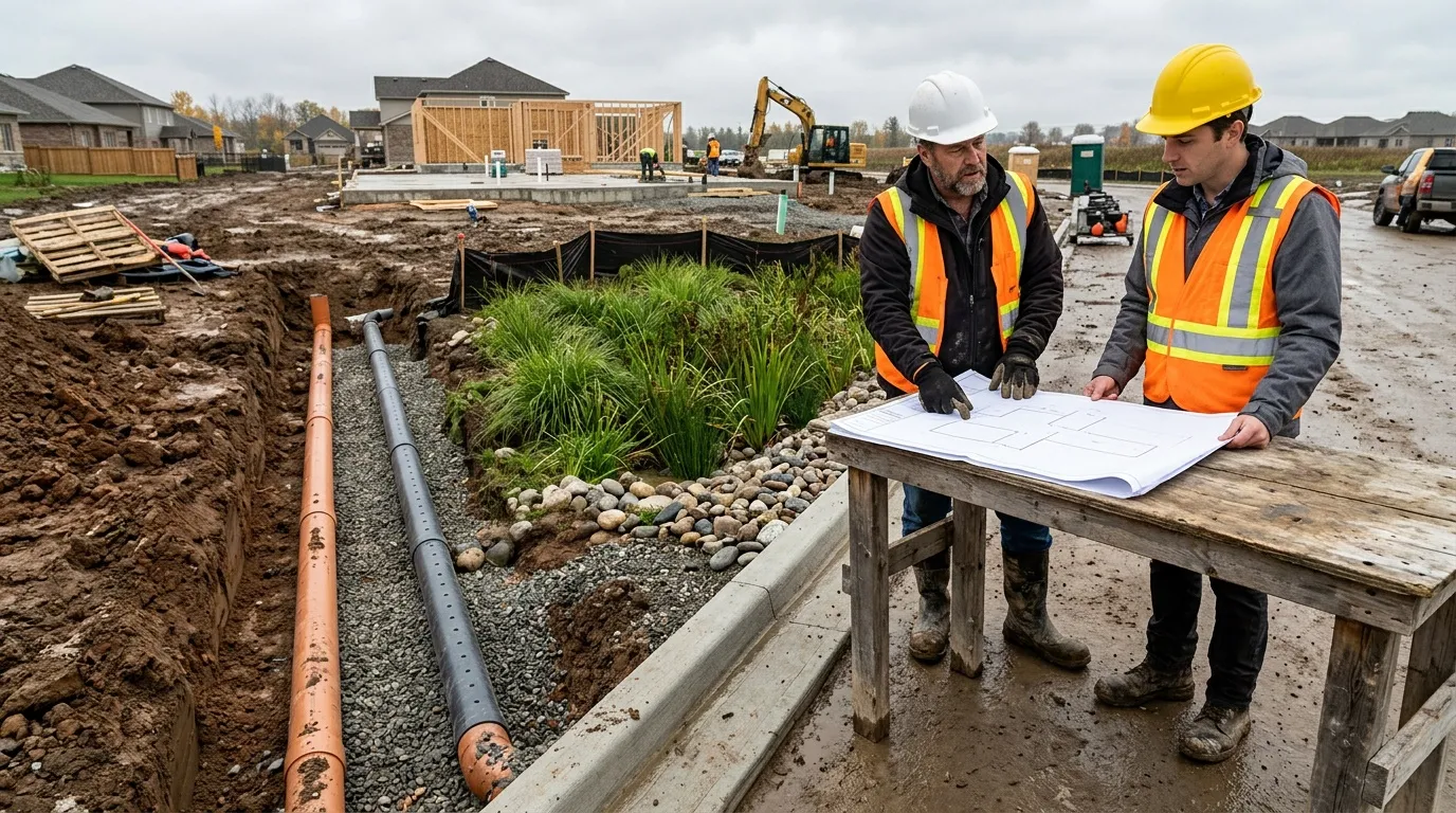Deux ouvriers examinent des plans sur un chantier de construction r&eacute;sidentielle.