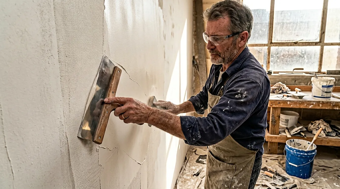 Homme avec spatule appliquant enduit blanc sur mur