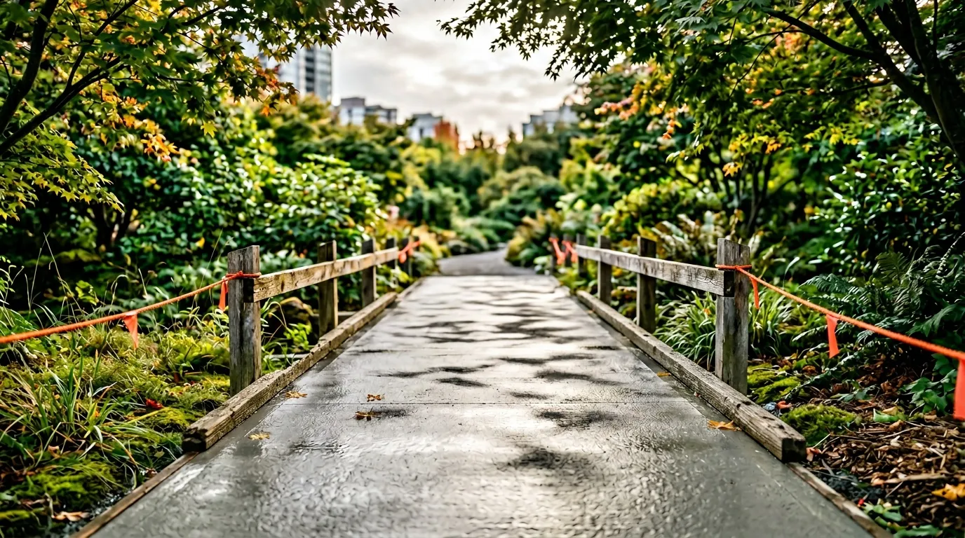 Chemin en bois traversant un jardin luxuriant avec buildings en arrière-plan
