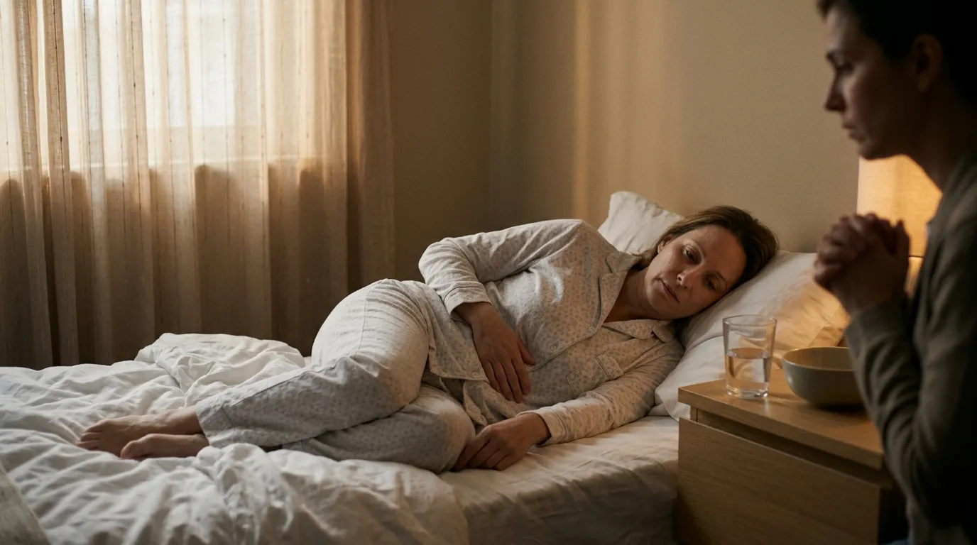 Femme enceinte allongée sur un lit, homme debout à côté