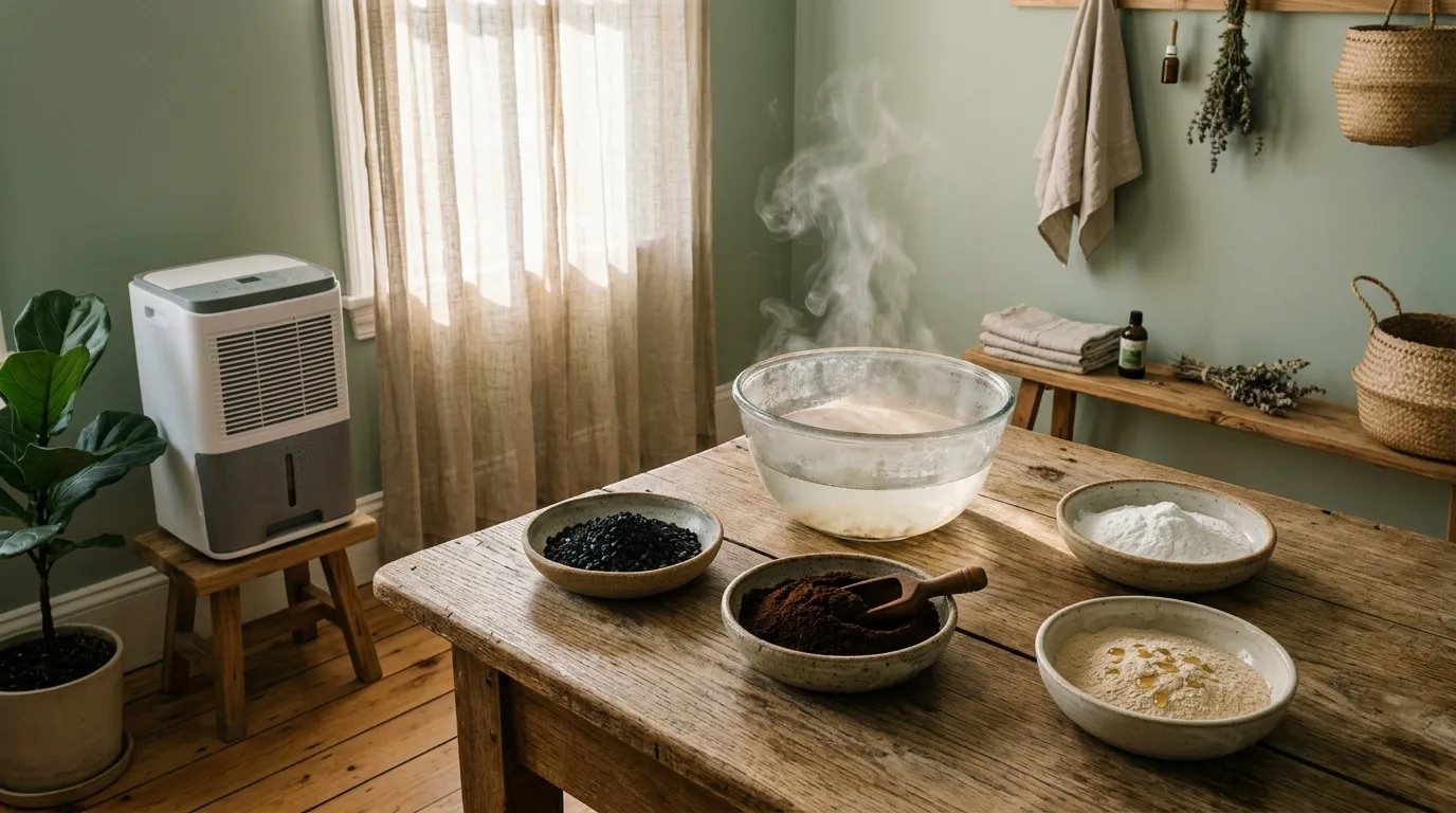 Table avec ingr&eacute;dients cosm&eacute;tiques naturels et vapeur