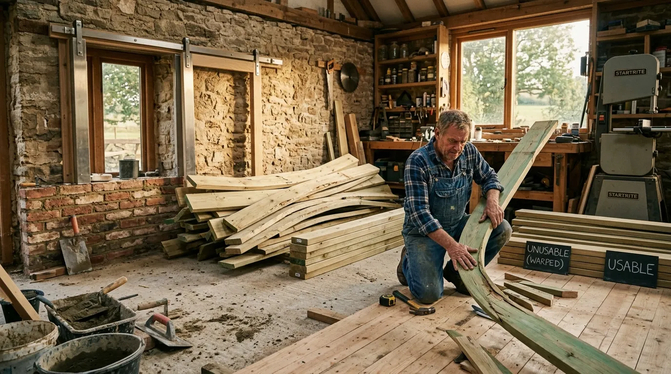 Charpentier examine planche bois usag&eacute; dans atelier