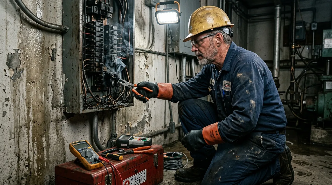 &Eacute;lectricien avec casque r&eacute;parant un panneau &eacute;lectrique industriel
