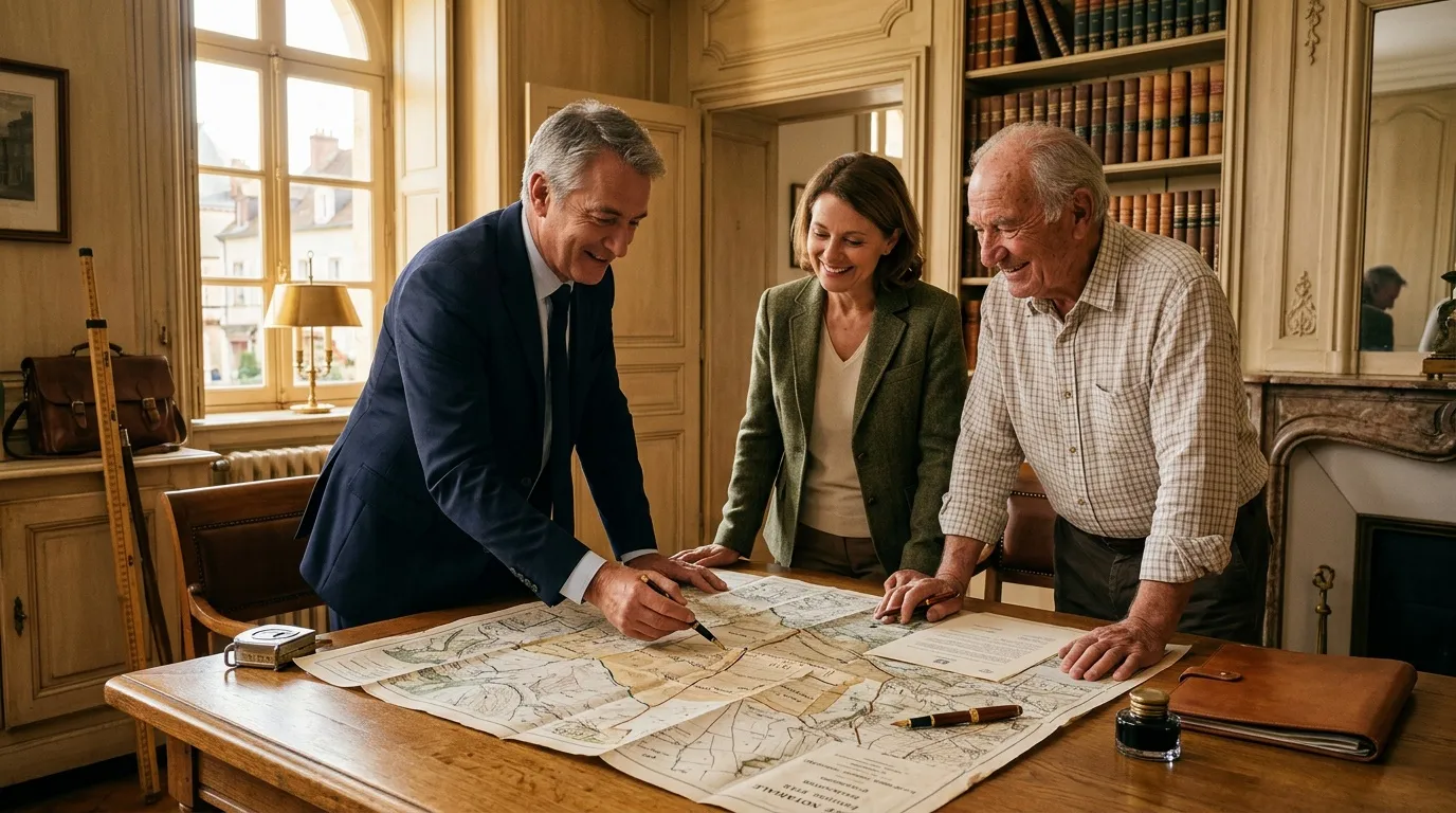 Trois personnes examinent des plans architecturaux à une table
