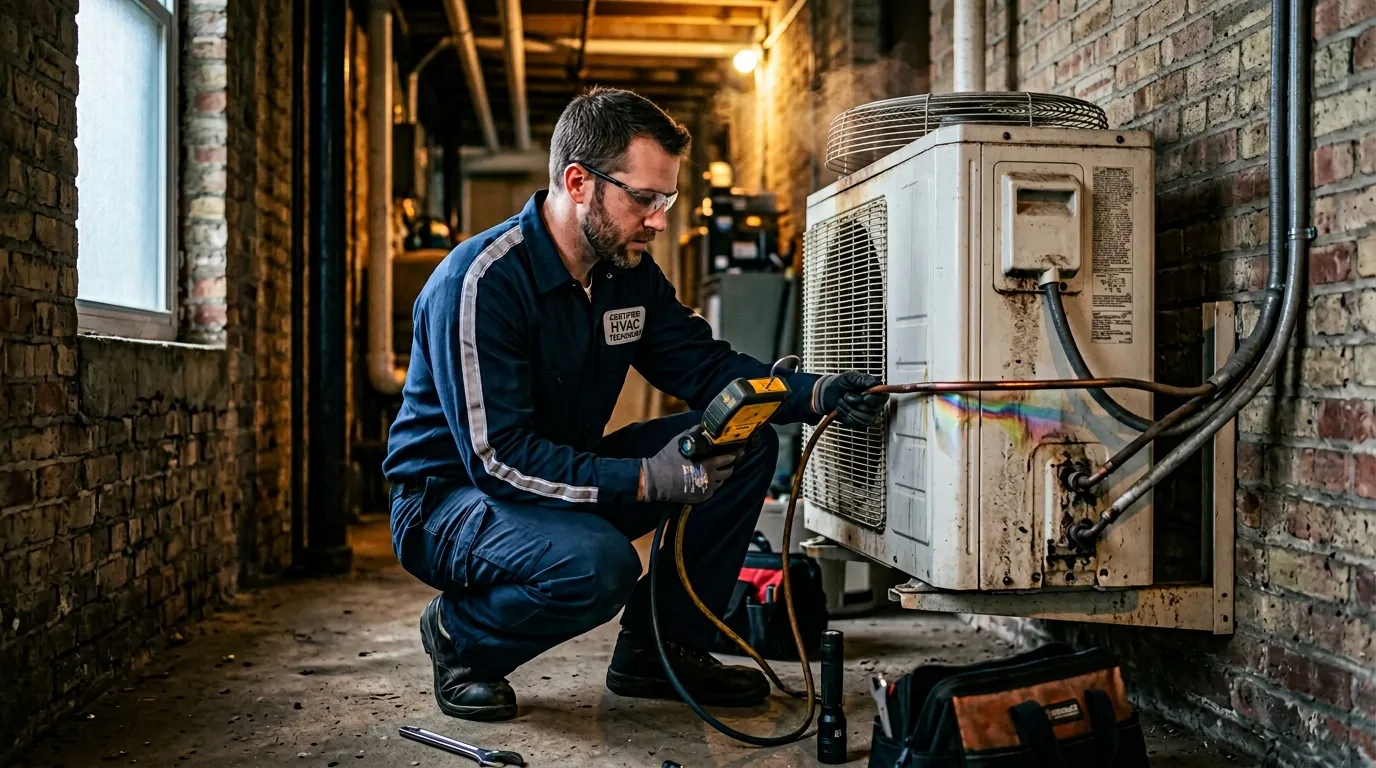 Technicien en bleu effectue diagnostic sur climatiseur mural