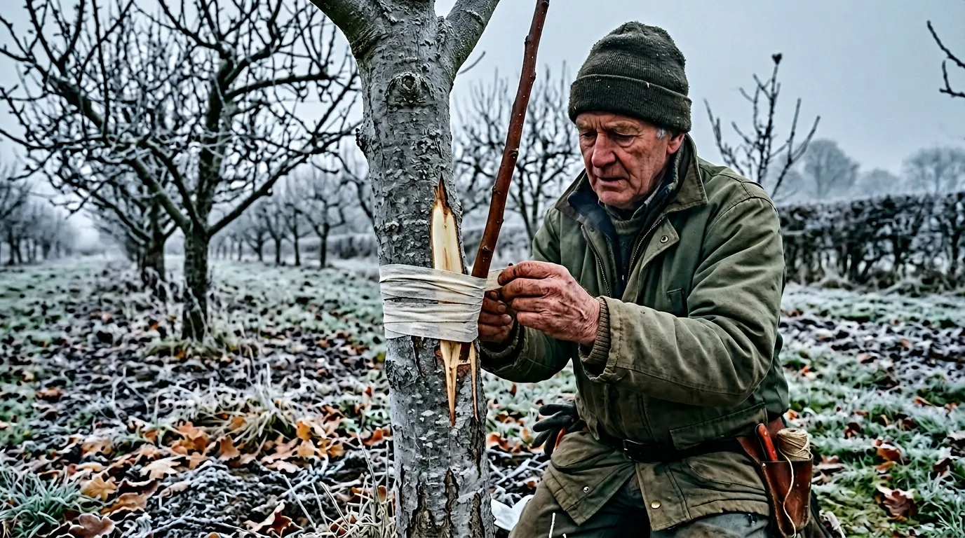 Homme &acirc;g&eacute; enveloppant tronc d'arbre en hiver