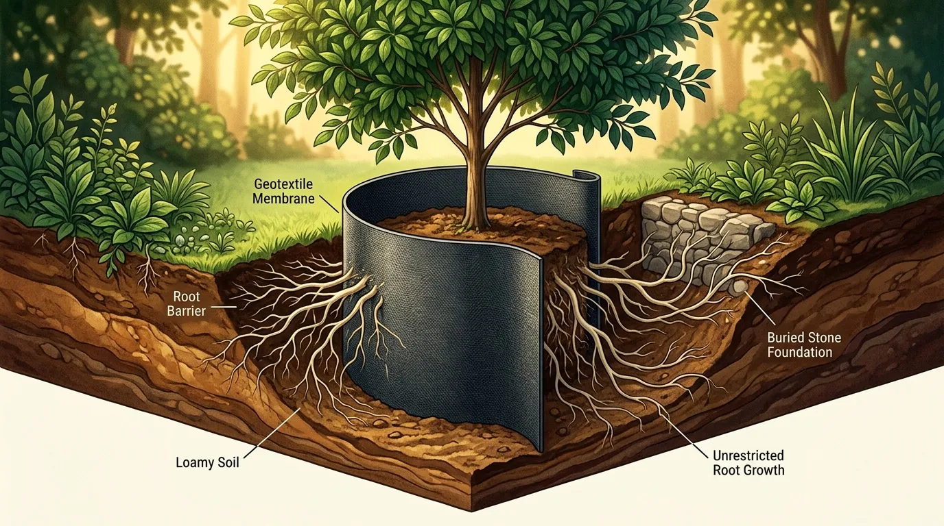 Arbre avec géotextile et barrière racinaire souterraine
