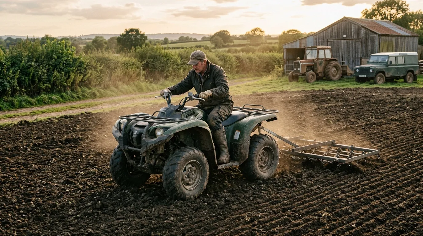 Fermier sur quad labourant un champ agricole rural