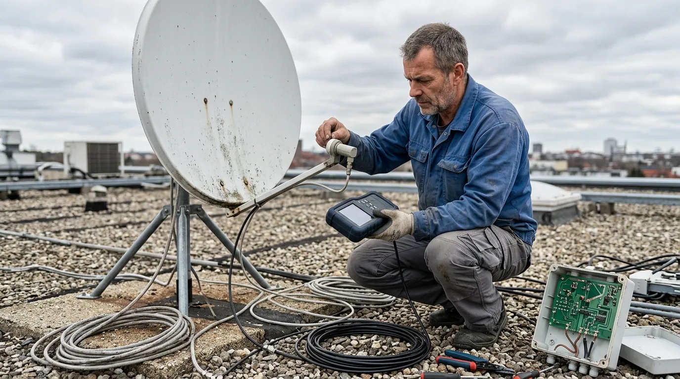 Technicien en denim testant une antenne parabolique sur un toit