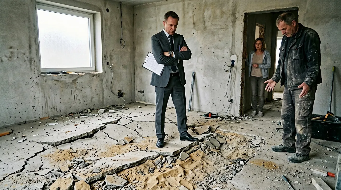 Homme en costume inspectant un appartement en ruines avec ouvriers
