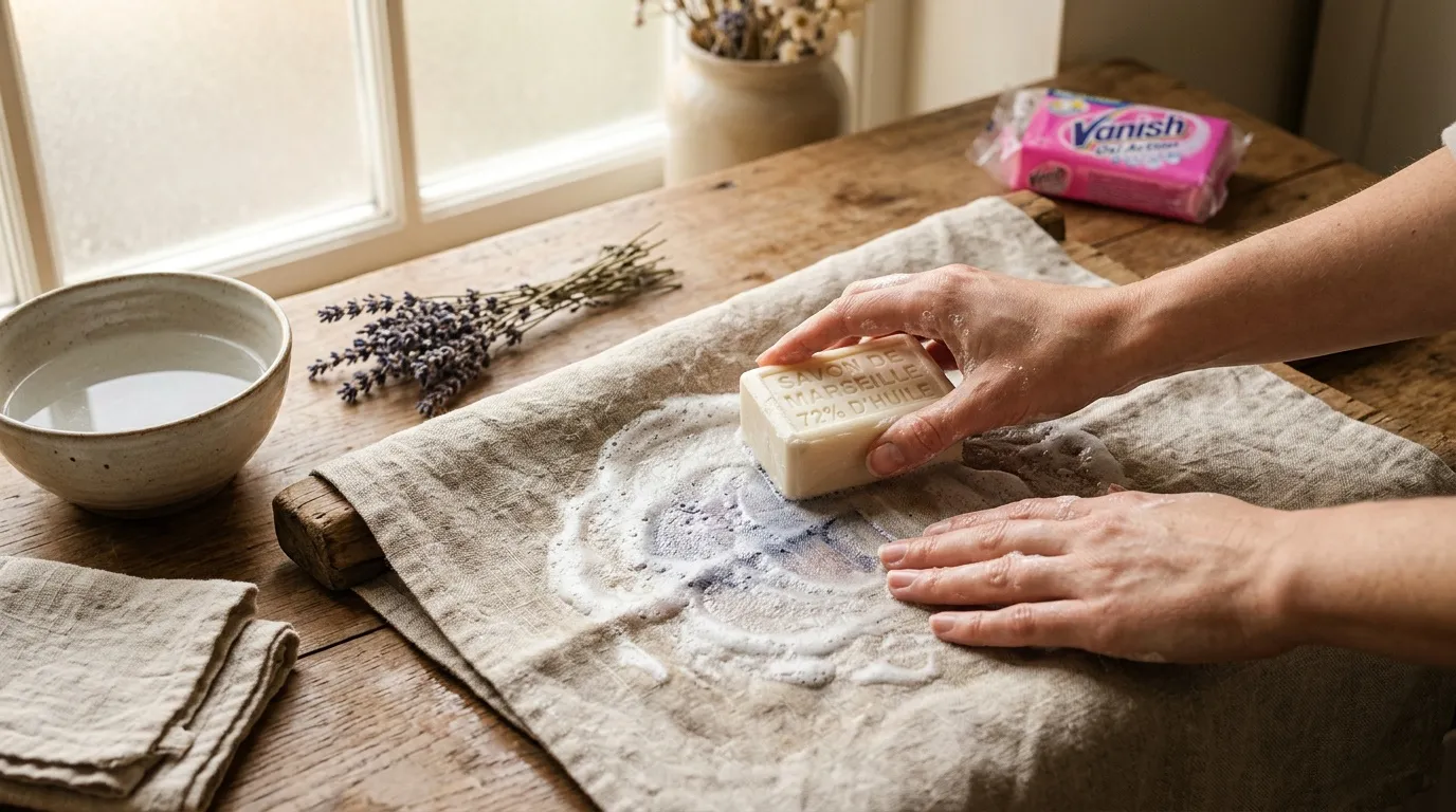 Femme frotte du savon sur tissu t&acirc;ch&eacute; pour nettoyer