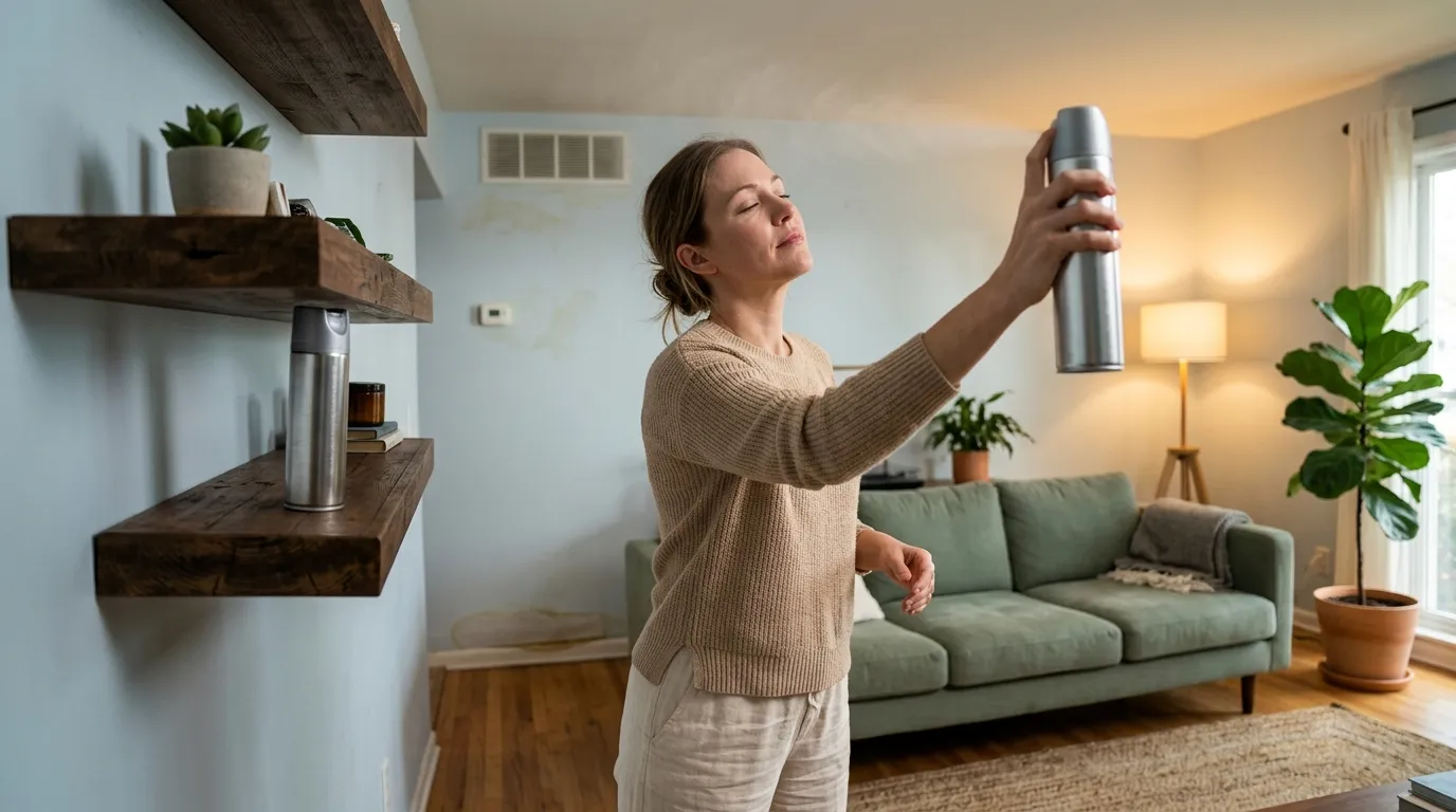 Femme pulvérise spray dans salon moderne lumineux