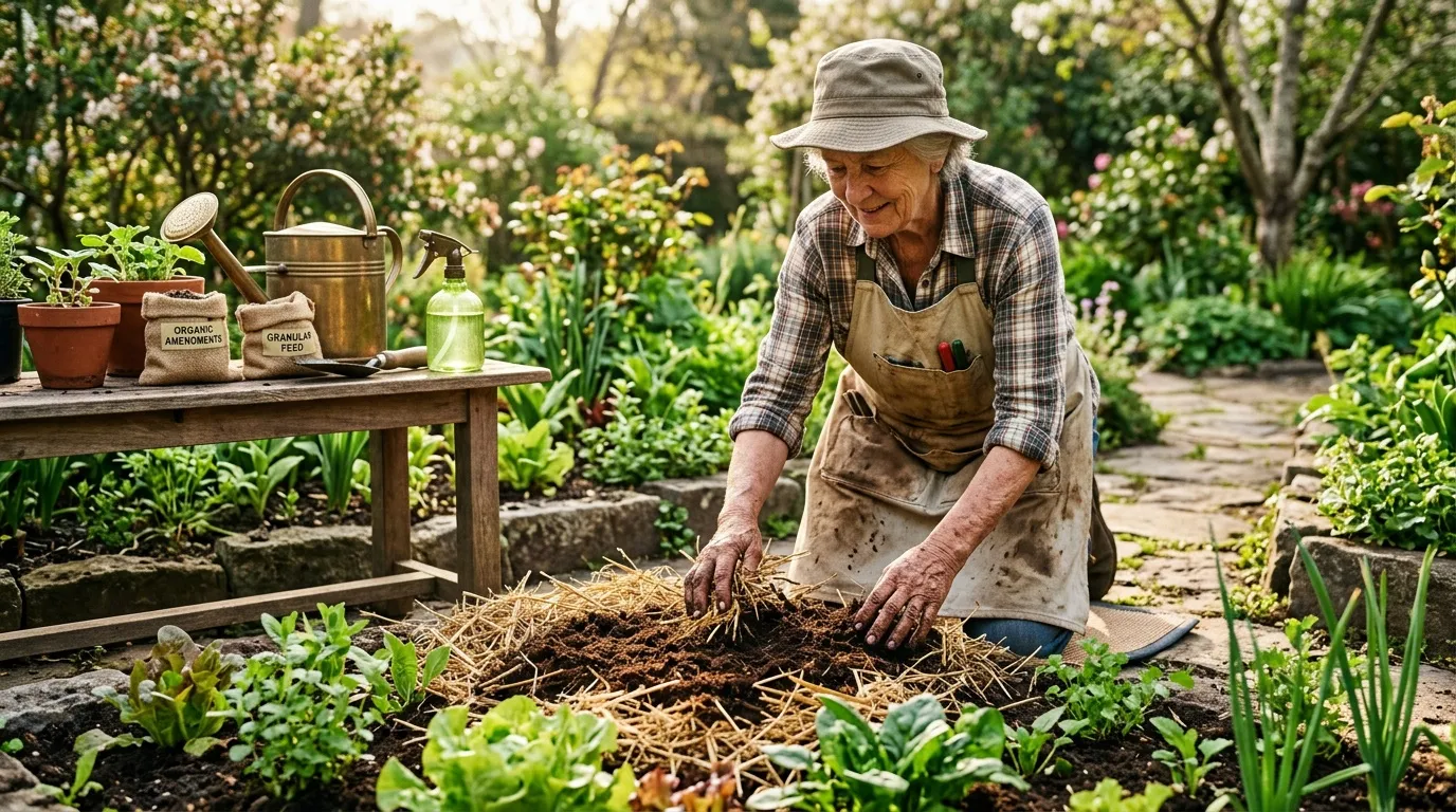 Homme âgé paillant son potager dans un jardin fleuri