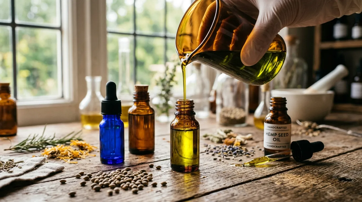 Versement d'huile dans un flacon, graines et herbes aromatiques.