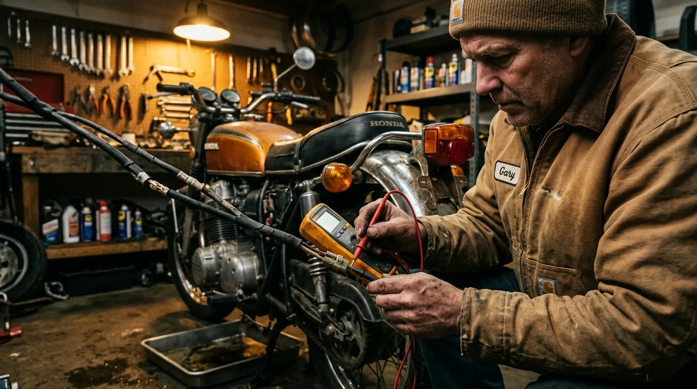 Mécanicien testant les circuits électriques d'une Honda avec un multimètre