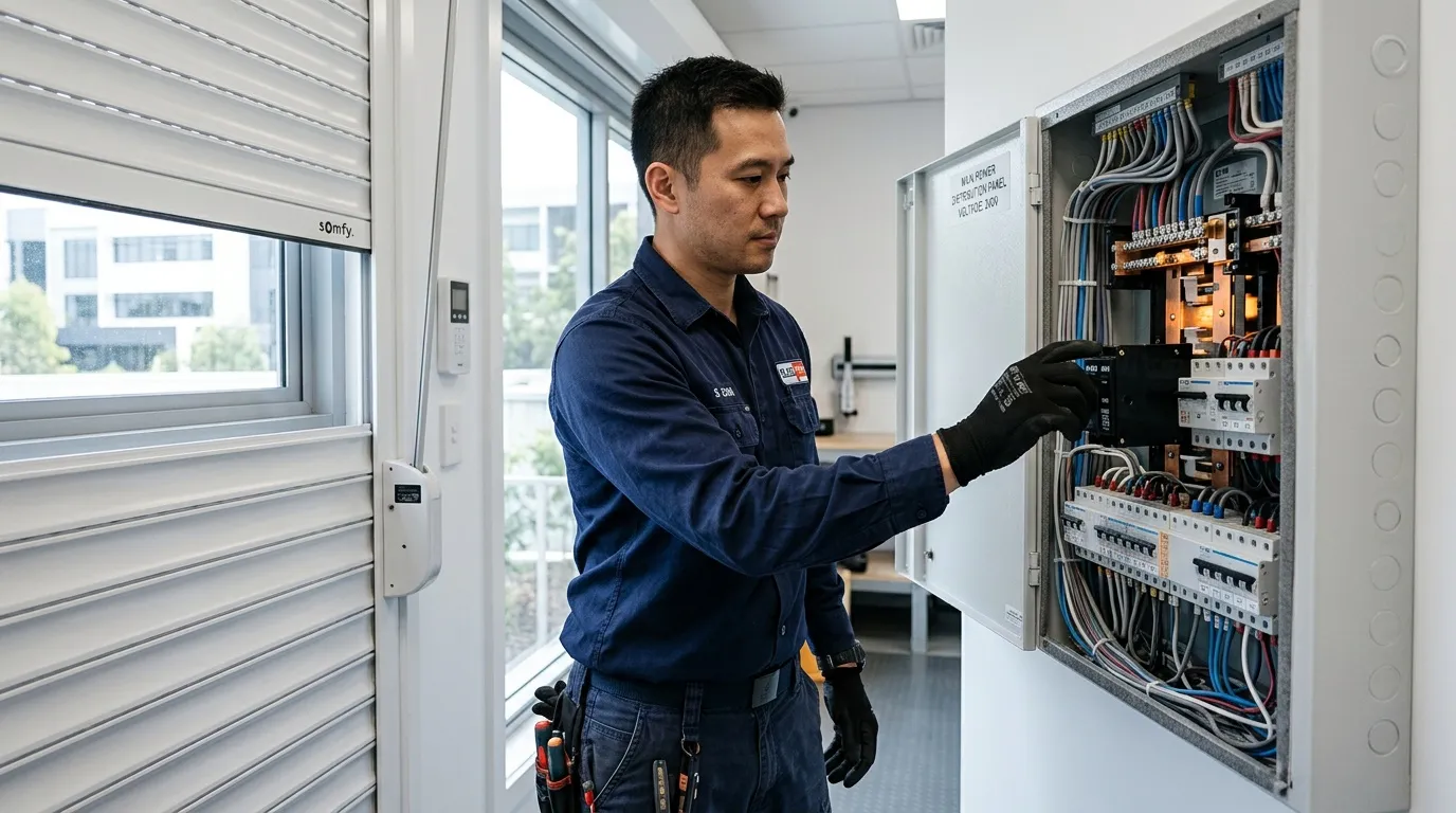 Technicien en bleu examine un tableau électrique avec câbles colorés