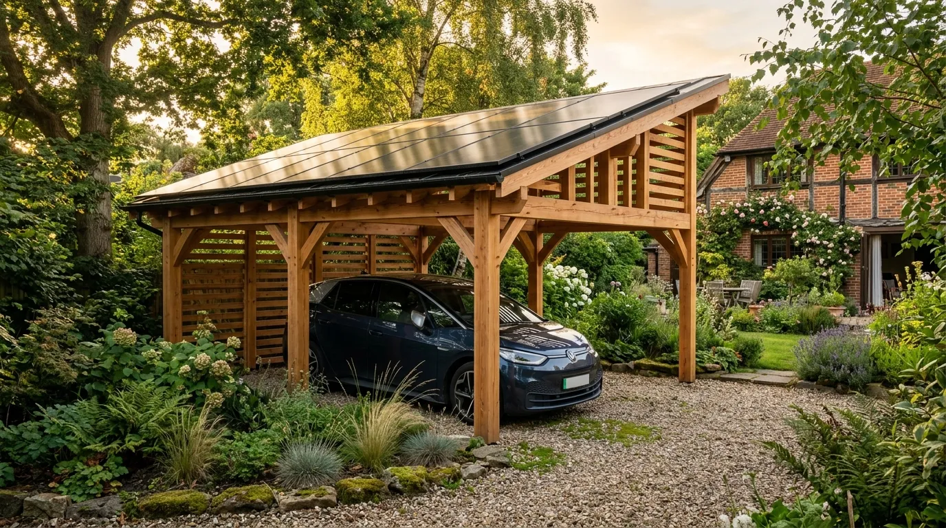 Carport en bois abritant voiture électrique noire, jardin luxuriant.