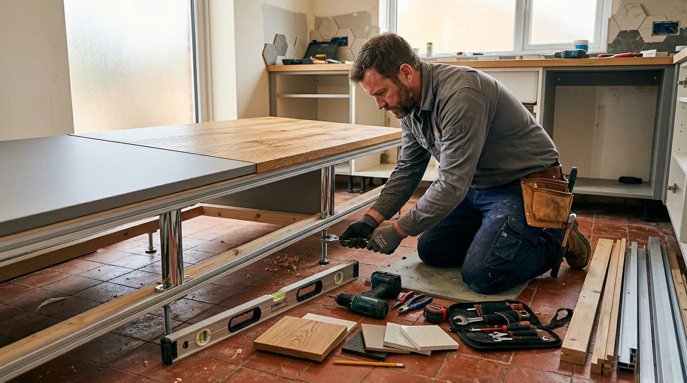 Menuisier travaillant sur installation de rampe industrielle