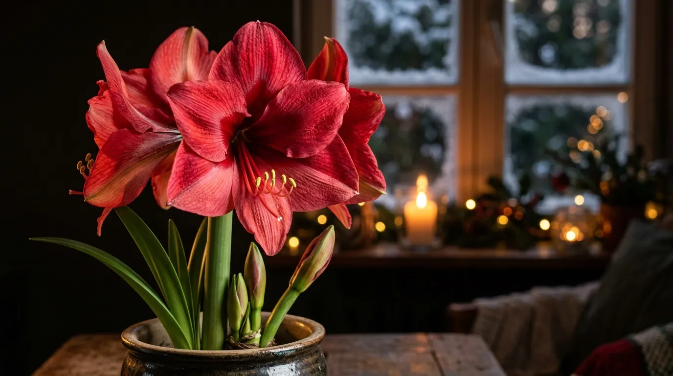 Fleur amaryllis rouge en pot pr&egrave;s fen&ecirc;tre avec bougies allum&eacute;es