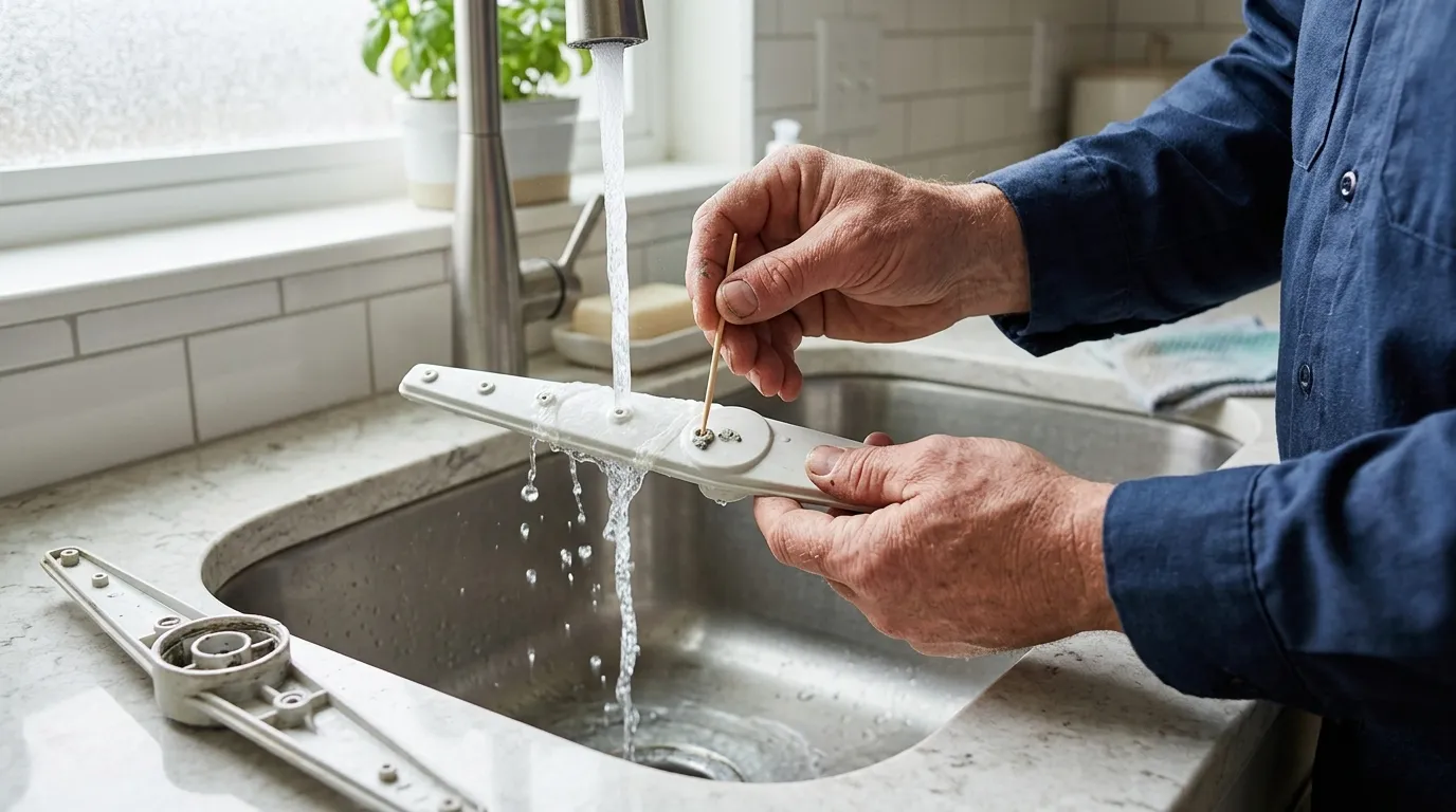Homme rinçant une pièce métallique blanche sous l'eau du robinet