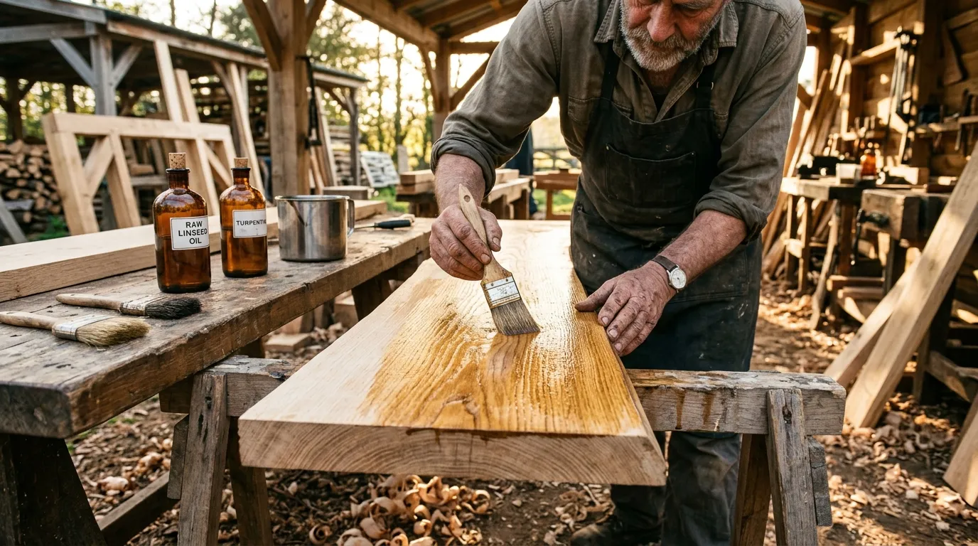Menuisier peint du bois avec un pinceau dans son atelier