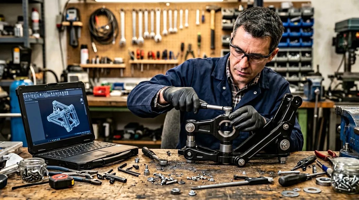 Technicien travaille sur composant m&eacute;canique en atelier