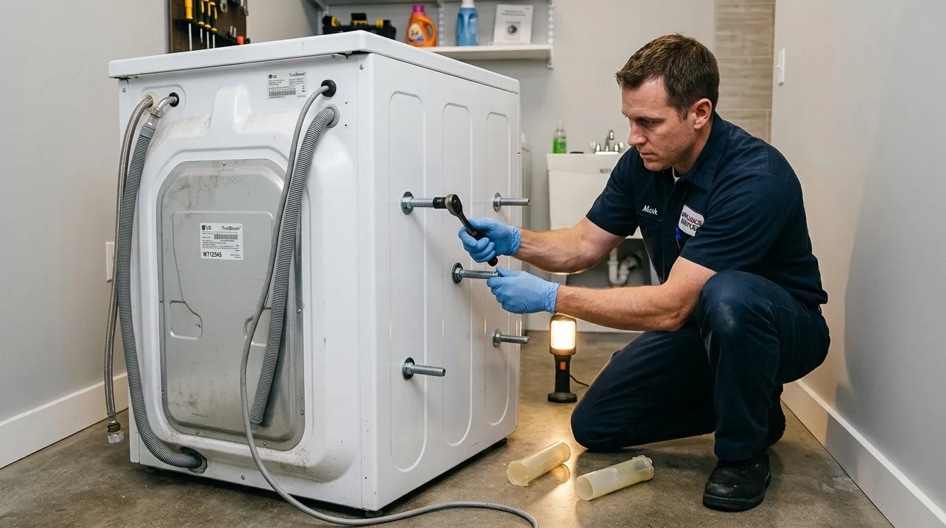 Technicien en bleu r&eacute;pare les connexions d'une machine &agrave; laver