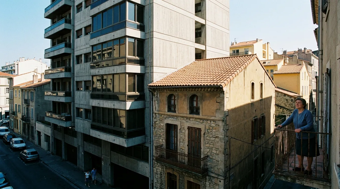 Immeuble moderne b&eacute;ton jouxtant b&acirc;timent historique pierre