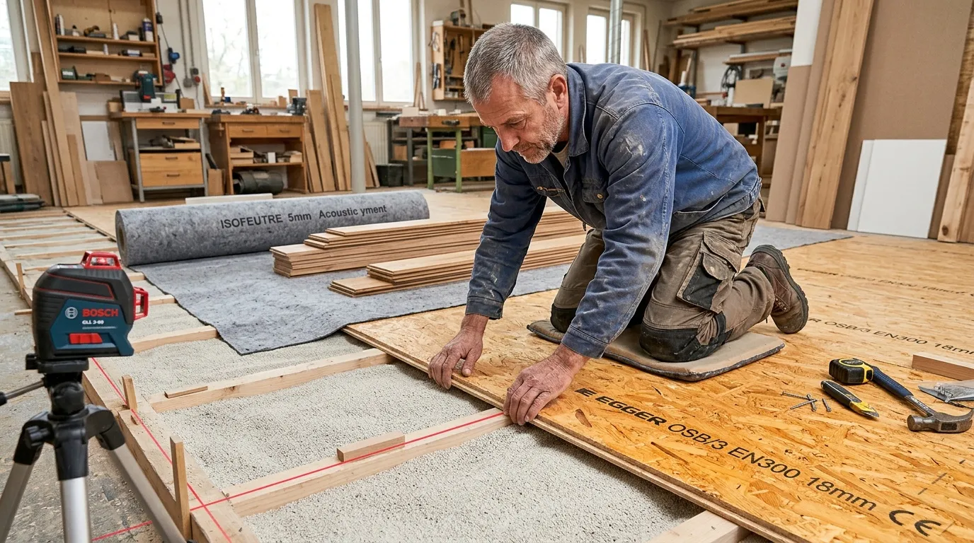 Ouvrier posant du parquet sur isolant acoustique en atelier