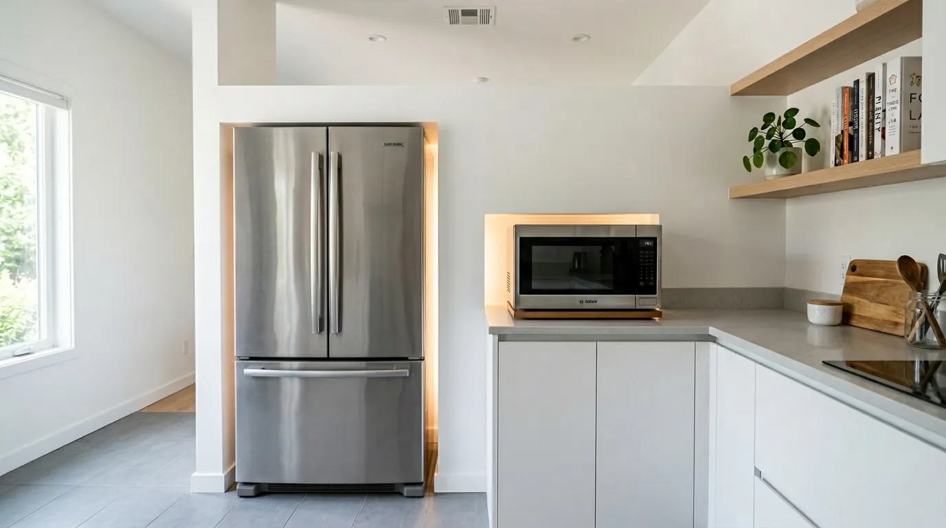 Cuisine contemporaine avec r&eacute;frig&eacute;rateur inox et &eacute;tag&egrave;res bois