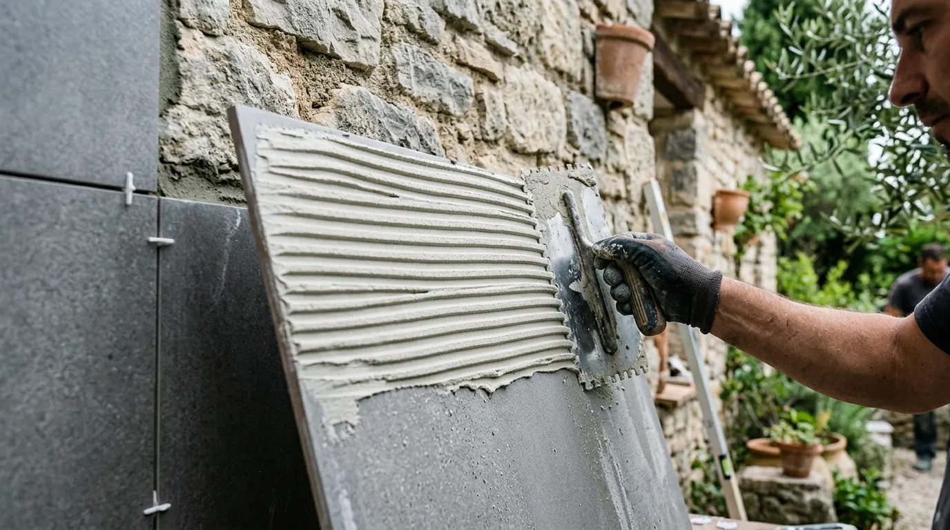 Ouvrier appliquant du mortier sur un mur avec truelle