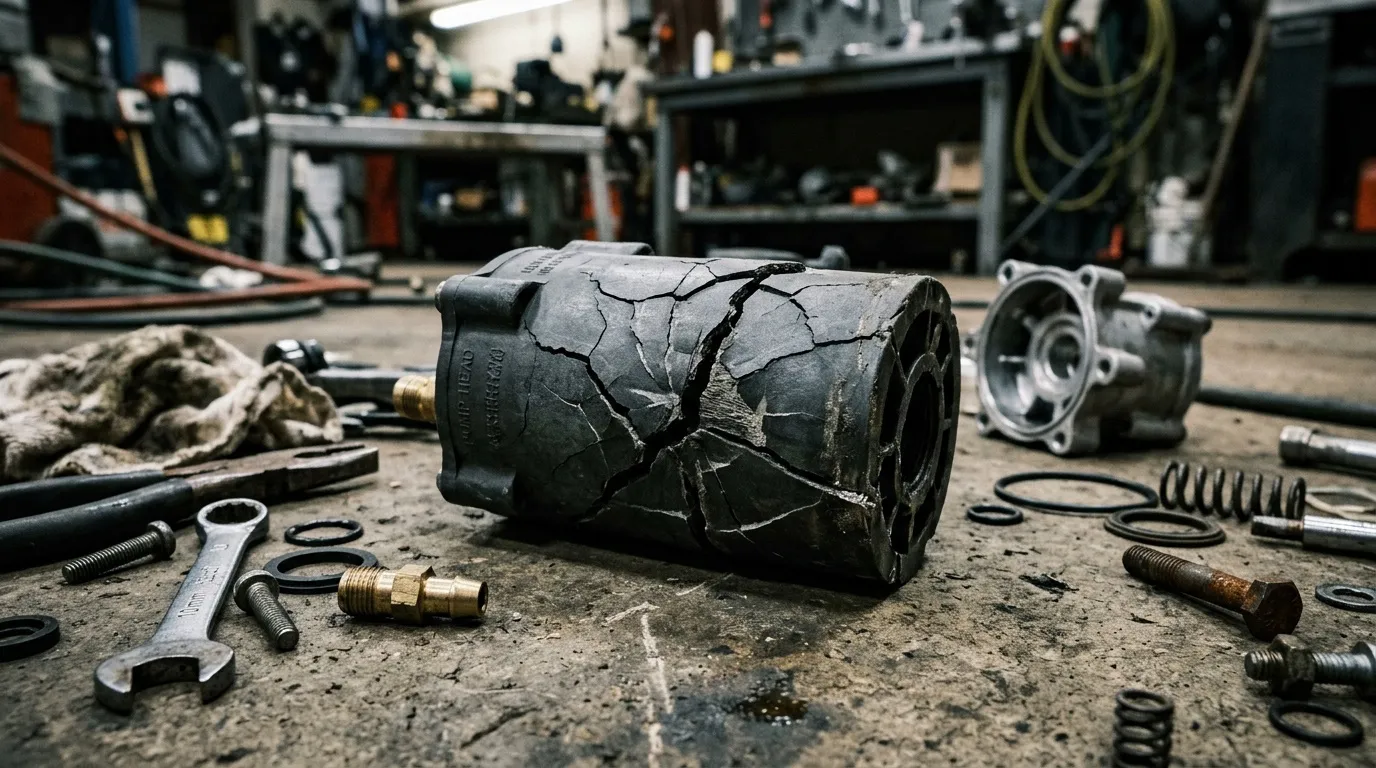 Moteur cass&eacute; avec outils et pi&egrave;ces d&eacute;tach&eacute;es en atelier